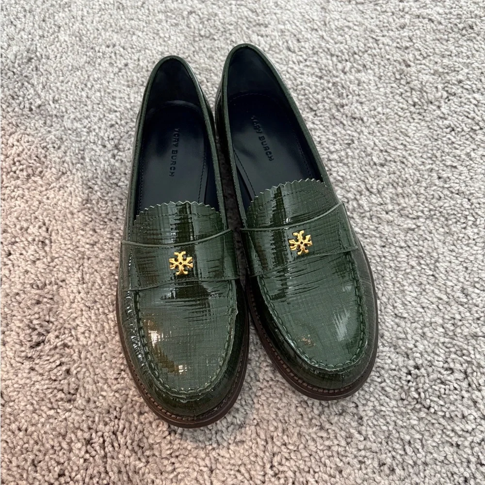 Tory Burch Green Patent Leather Penny Loafers